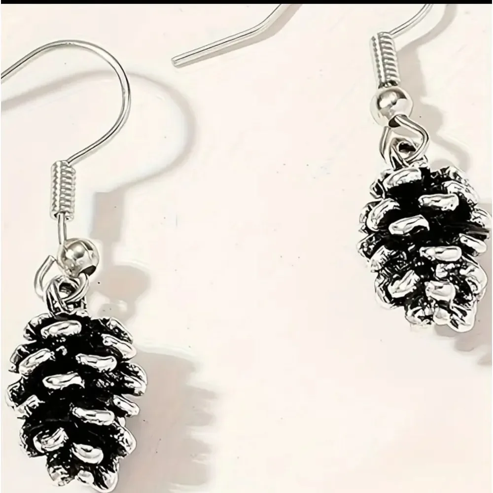 Elegant 14K Gold-Plated Pine Cone Pinecone Drop Dangle Earrings - Silvertone